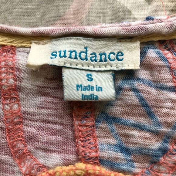 Sundance Yellow Mixed Print Rolled Sleeve Raw Edge Notch Neck Boxy Tee Small - Picture 4 of 5
